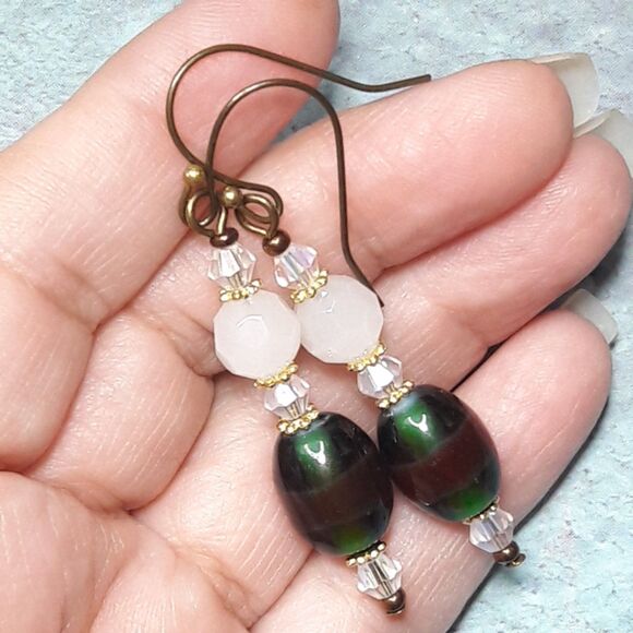 boho earrings 460#mfs Victorian green hatpin earrings Crystal milky white & gree - Picture 3 of 6